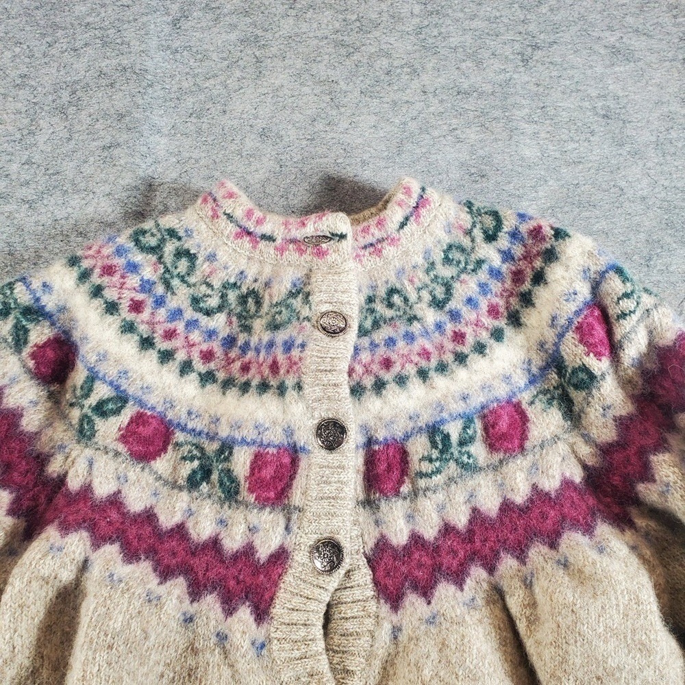 Eddie Bauer Cardigan Sweater Womens XS Cream Nordic Fair Isle Norway Wool Floral - Picture 2 of 11